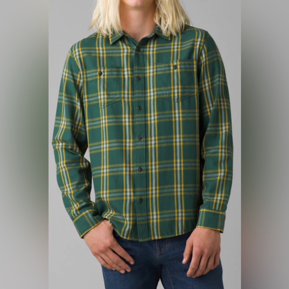 NWT prAna Dolberg Flannel Shirt in Soft Pine Green and Yellow - Size S